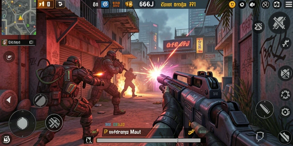 Screenshot utama dari gameplay FPS yang mendebarkan di 666J.