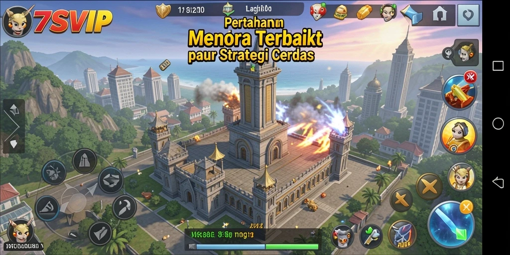Screenshot gameplay 7SVIP menampilkan pertempuran menara yang dinamis dan menegangkan.
