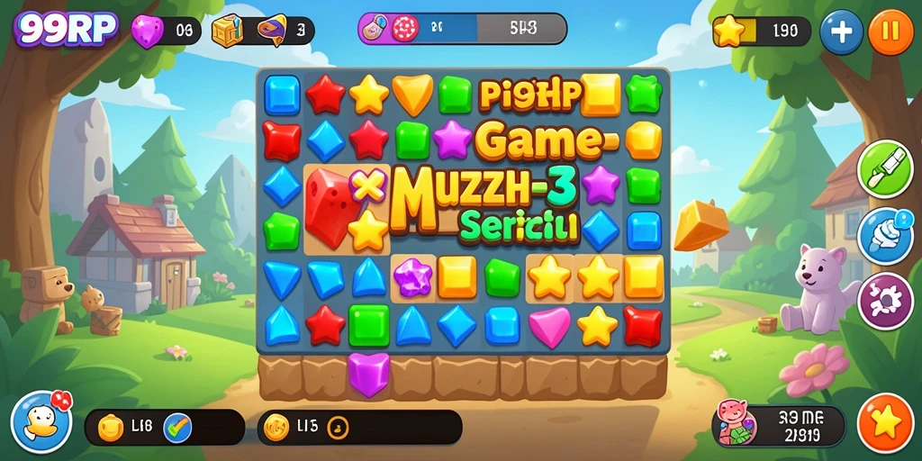 Tampilan gameplay seru dari 99RP dengan elemen match-3 yang berwarna-warni.