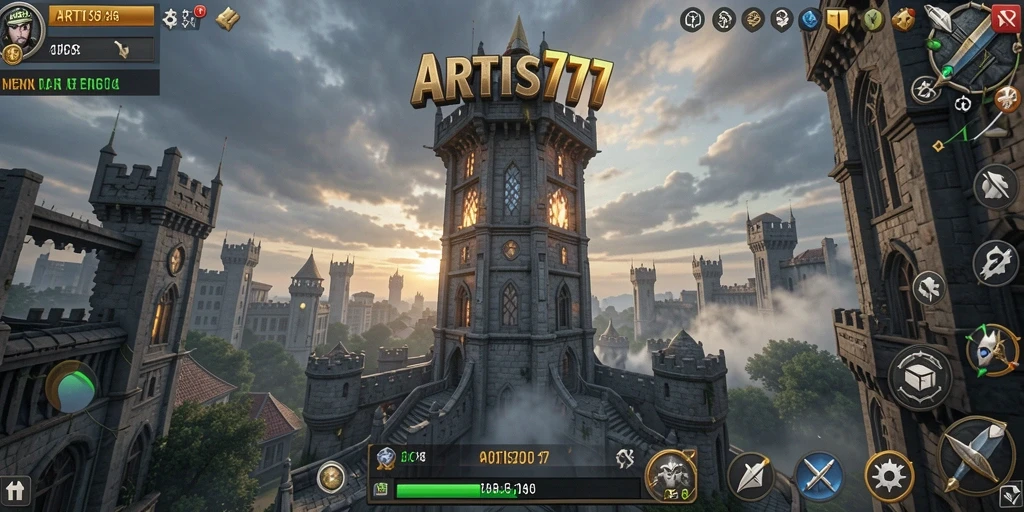 Screenshot gameplay ARTIS777 menampilkan aksi menara pertahanan yang epik.