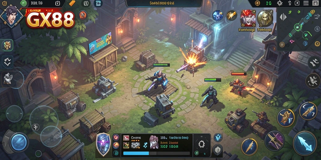 Screenshot utama GX88 menampilkan aksi pertempuran strategis.