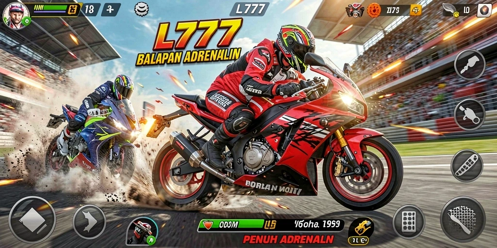 Gameplay seru L777 dengan berbagai motor dan lintasan balap.