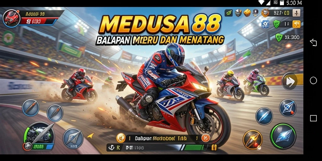 Screenshot utama MEDUSA88 menunjukkan aksi balapan motor yang mendebarkan.