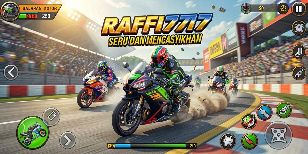 Tampilan gameplay RAFFI777 yang seru saat balapan motor.
