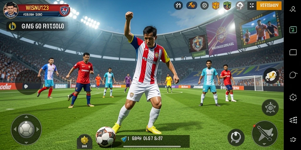 Screenshot gameplay WISNU123 menampilkan aksi sepak bola yang mendebarkan.