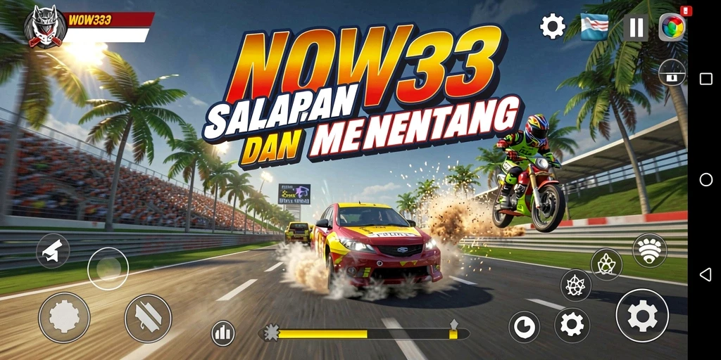 Tampilan gameplay seru dari WOW33 saat balapan di lintasan kota.